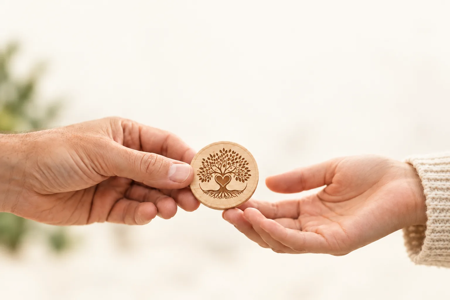 One person’s hand passes a round wooden Kindness Token, engraved with a tree and heart, into another person’s open hand.